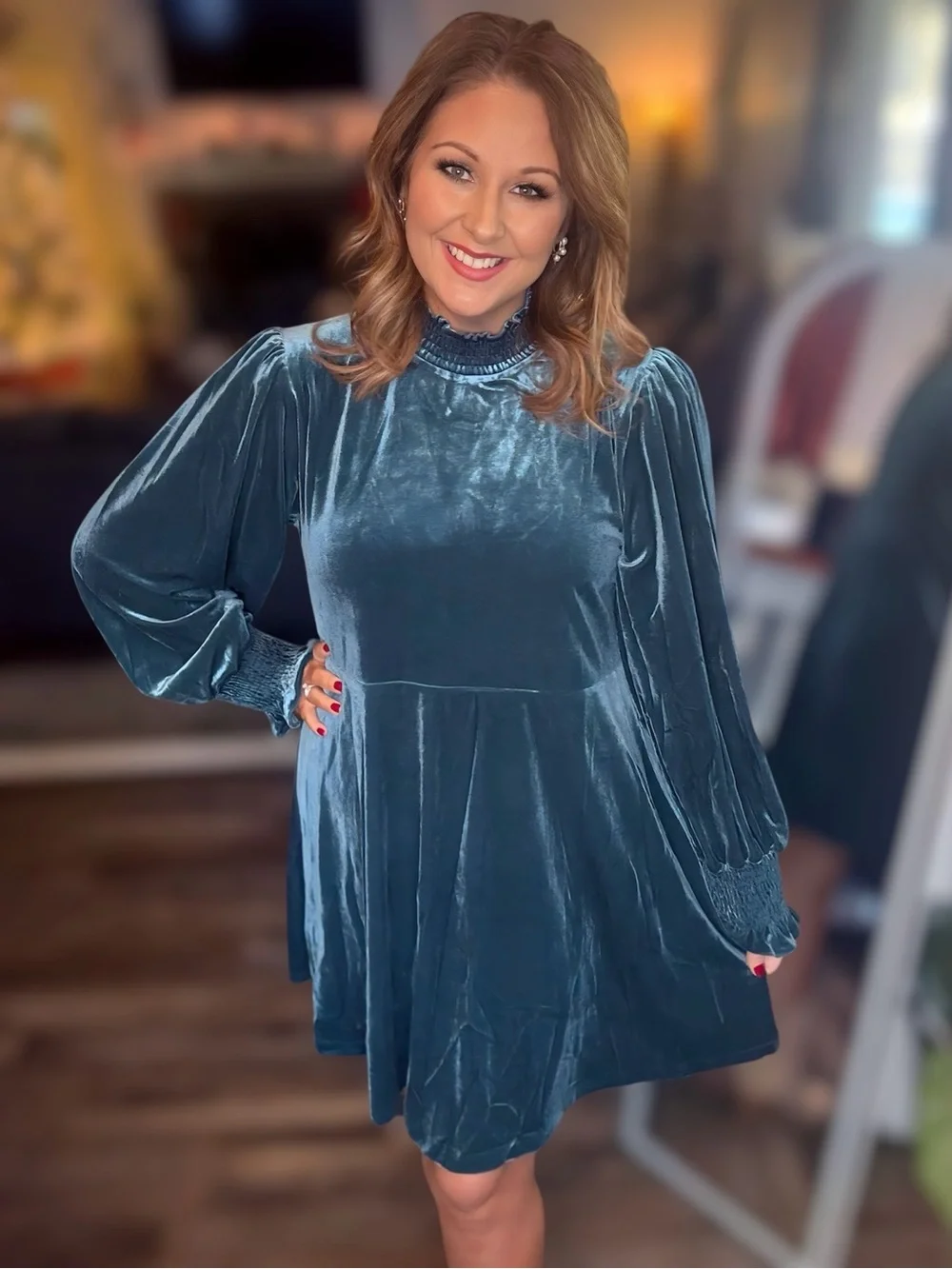 Velvet Long-Sleeve Mini Dress in Teal 3XL